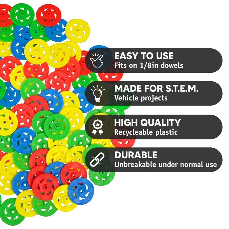 STEM Inventions Toy Wheels - Bulk Pack of 100 - Small Plastic Wheels for Toy Cars, STEM Projects, Crafts, Mini Vehicles - Image 2